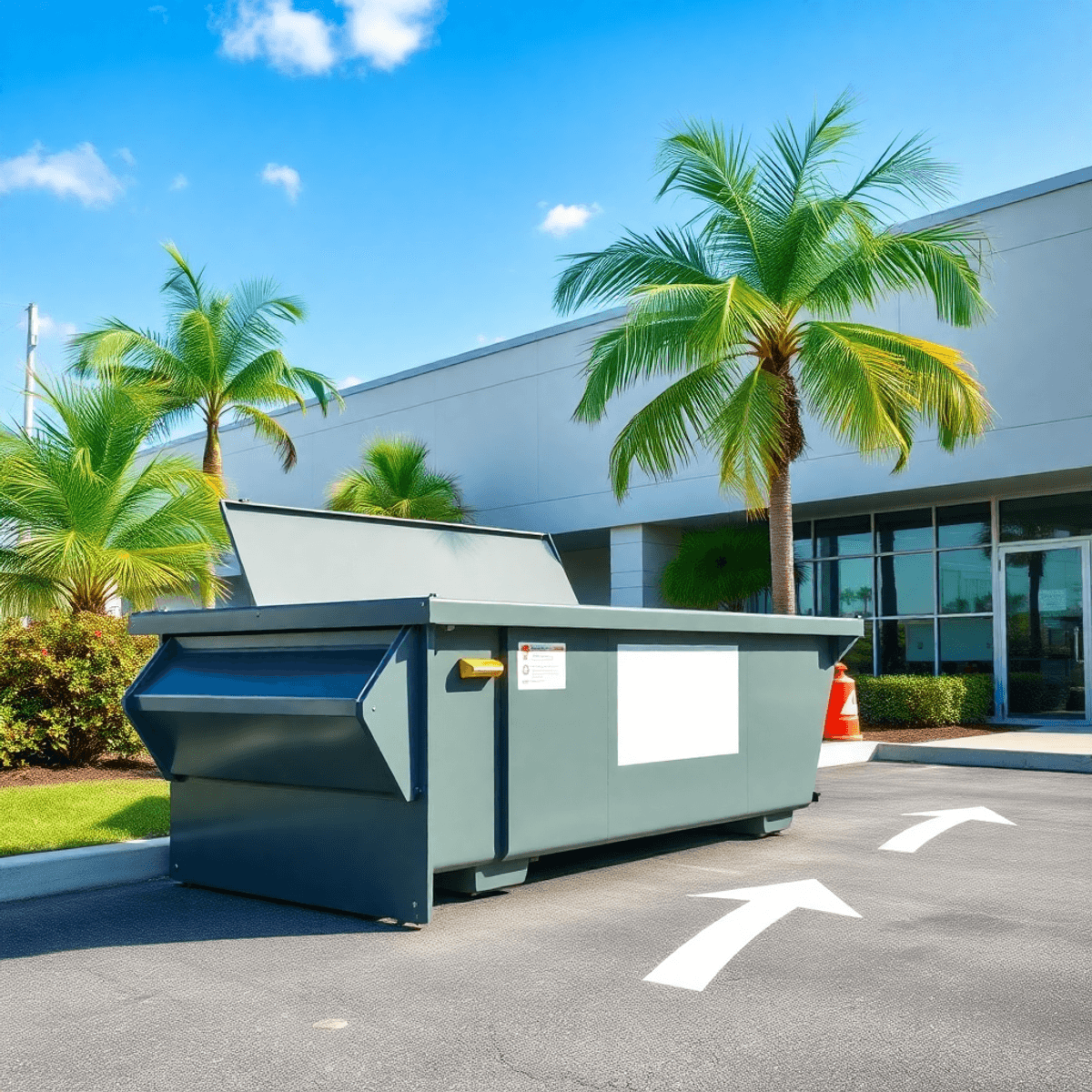 A clean commercial dumpster outside a modern building with palm trees and greenery under a bright blue sky, featuring abstract arrows symbolizing e...