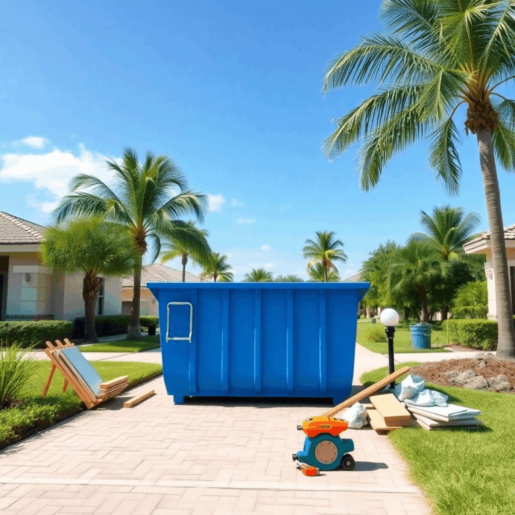 Blue dumpster beside driveway with construction materials, surrounded by palm trees under clear blue skies in a sunny suburban neighborhood.