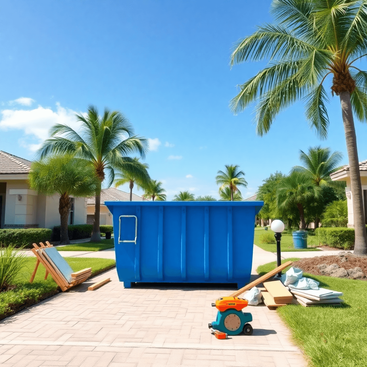 Blue dumpster beside driveway with construction materials, surrounded by palm trees under clear blue skies in a sunny suburban neighborhood.