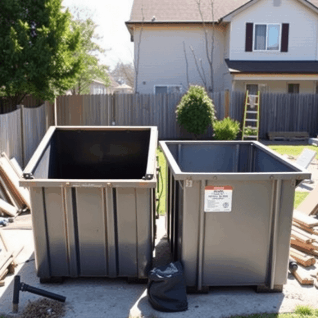 Sunny suburban backyard with two empty dumpsters, building materials, and tools at a clean, organized home renovation construction site.